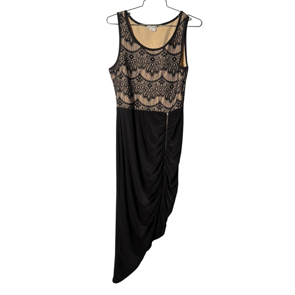 Vintage Charlotte Russe Asymmetrical Dress Womens M Black Lace Ruched D16670
